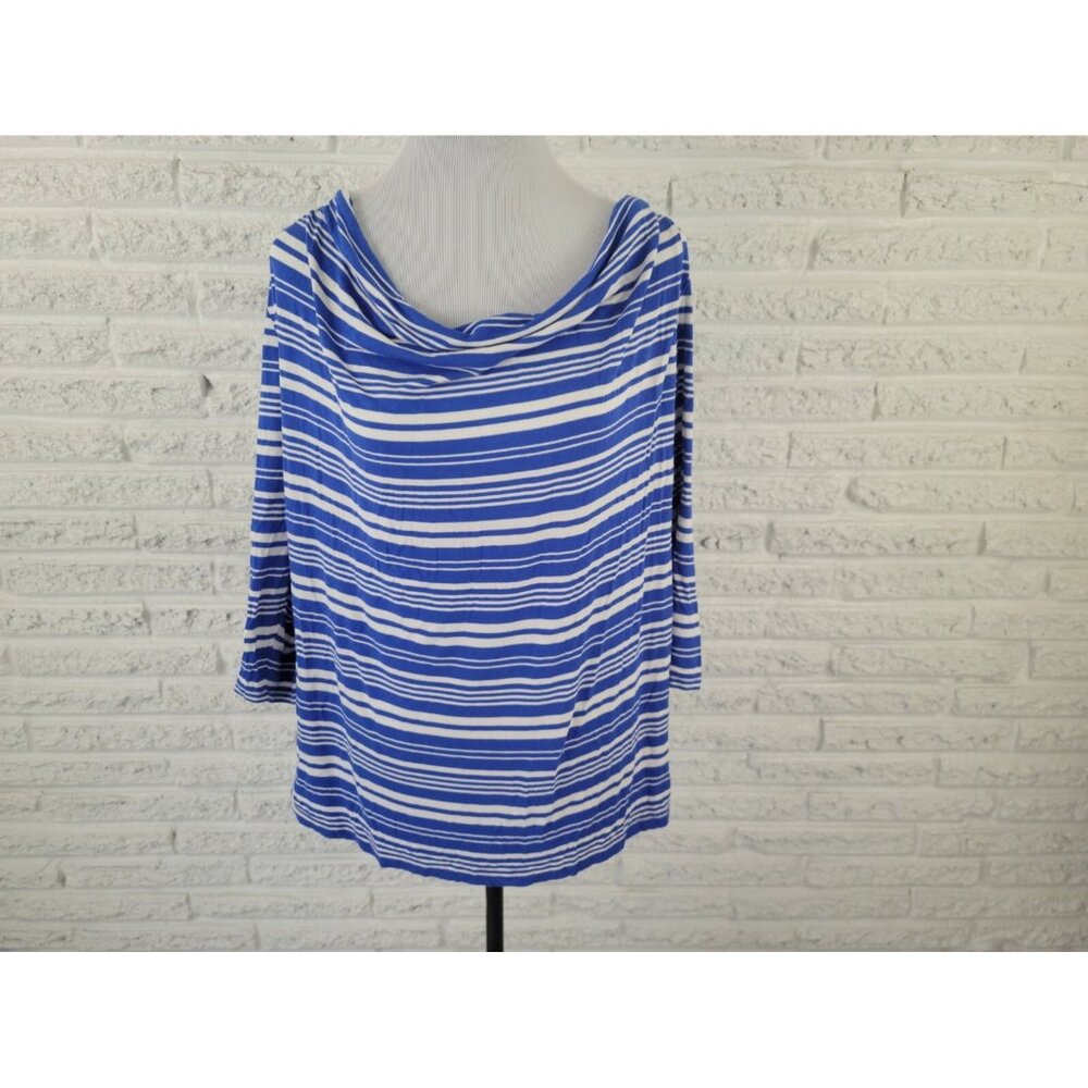 Lane Bryant Plus Size 18 Blouse Top Blue Striped 3/4 Sleeve Boat Neck‎ STR131E